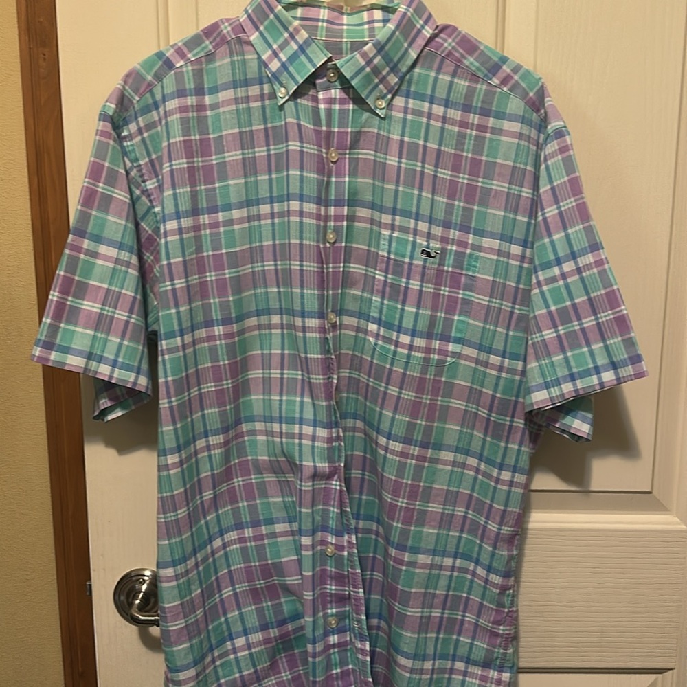 Vineyard Vines Men's Casual Plaid short sleeve Shirt, Purple and Blue size large